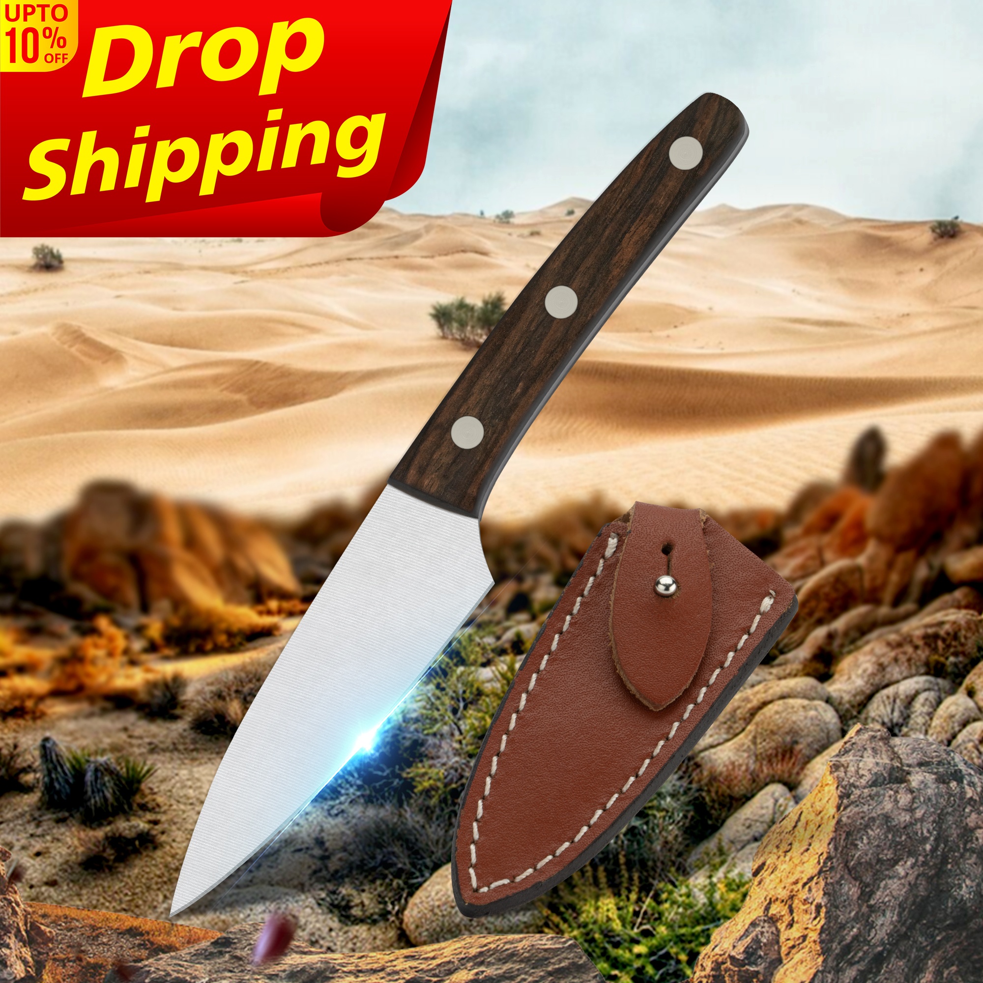 10% Off изготовленным на заказ логосом Полный Тан 3 дюймов ножи выживания Ножи Охотничьи ножи Открытый кемпинг ножи с кожаным чехлом