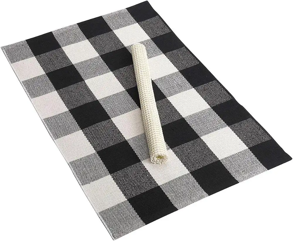 Buffalo Check Rug Checkered Plaid Cotton Mat Woven Black White Striped Area Rugs with Non Slip Pad for Living Room