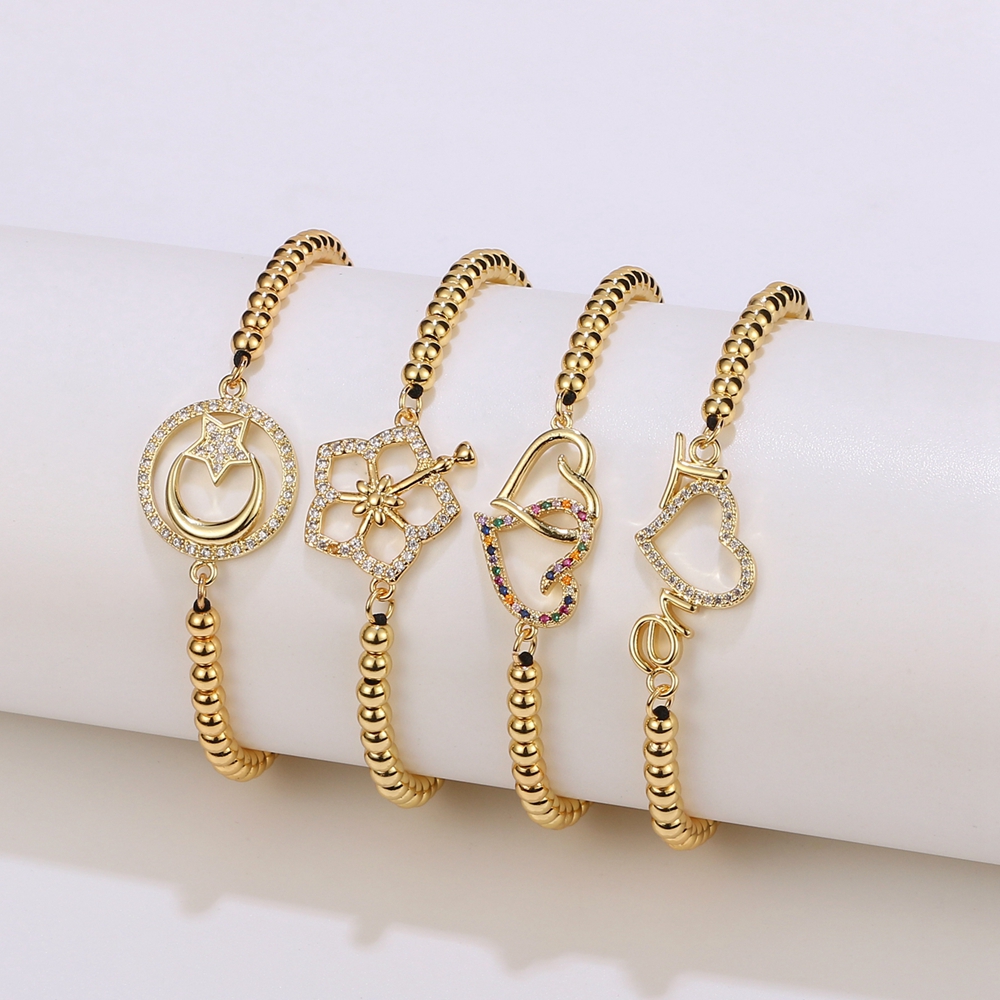 Fashion gold plated beaded bracelet micro pave zircon diamond moon start heart shape charm bracelet women jewelry