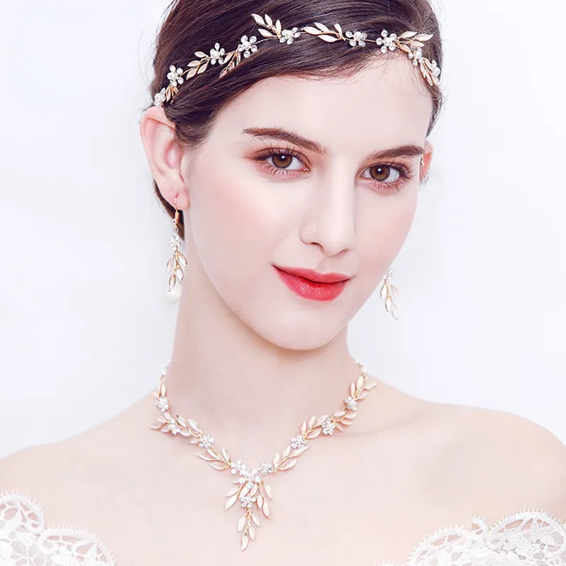 European and American fashion wedding accessories simple alloy leaf headband hairband pearl rhinestone bridal headdress