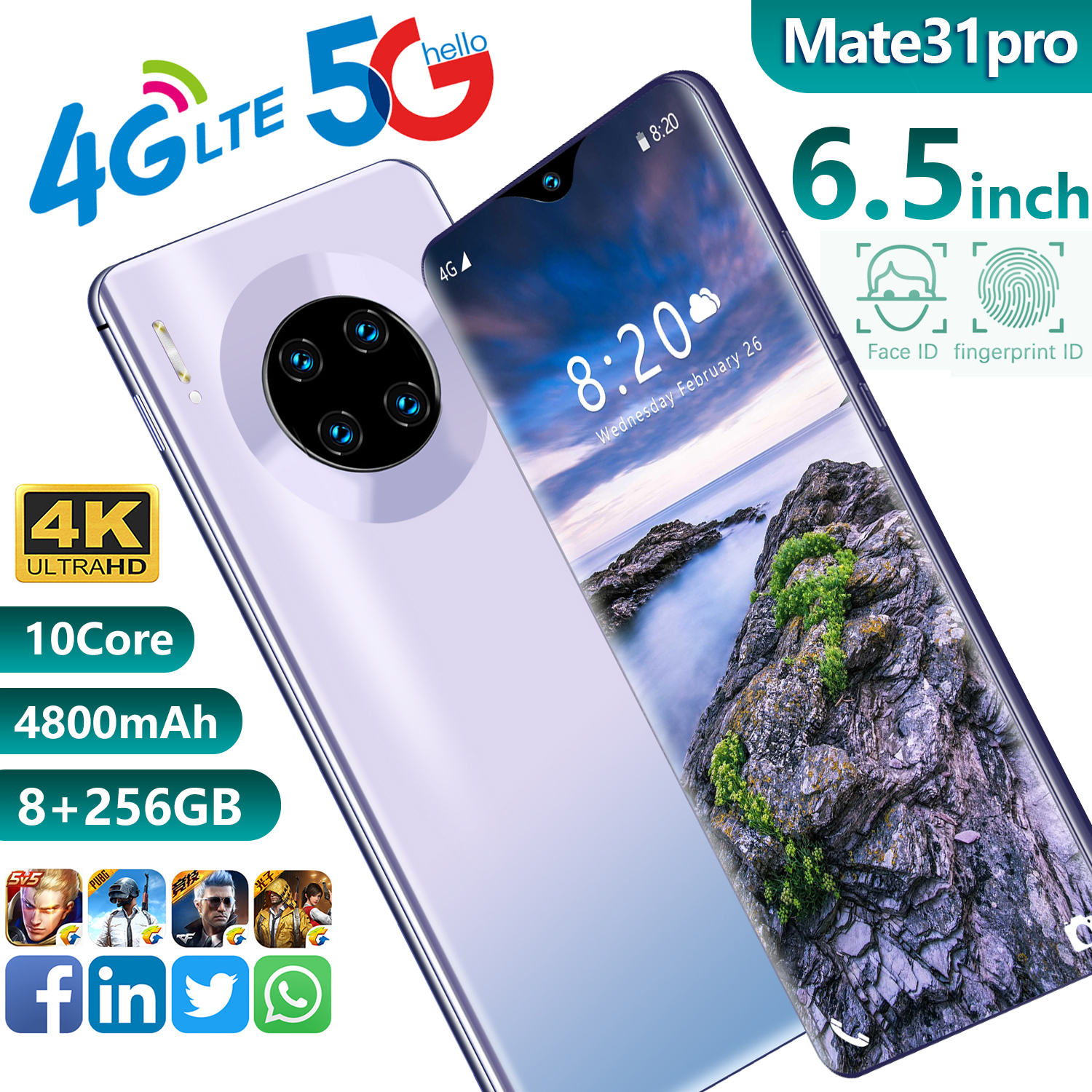 2021 новый модный разблокированный смартфон Mate31 Pro с HD-камерой, двойной 8 ГБ + 256 ГБ, двойной картой, 6,5 дюймовый полноэкранный Глобальный телефон, сотовые телефоны