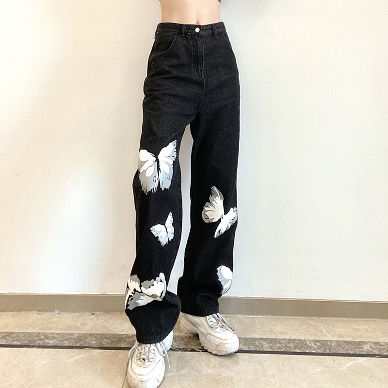 DiZNEW New Arrival Girlfriend Jeans print For Women Women's Buttfly Printing Paint Loose Pant