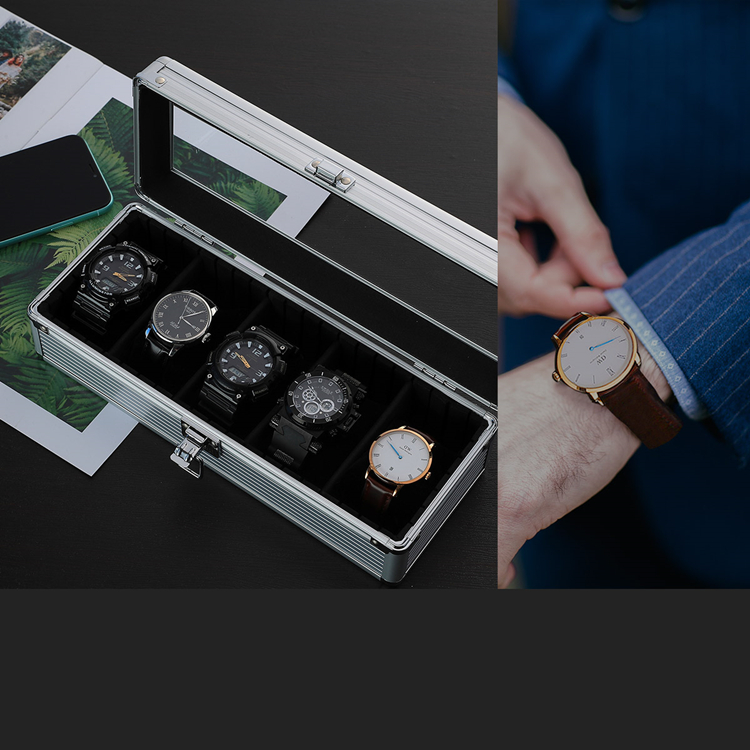 Factory Luxury Silver 5 Slot Aluminum Watch Display Gift Box Wrist Watch Storage Box Transparent Glass Window