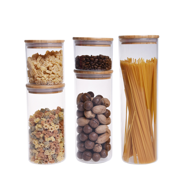 Modern design clear bamboo glass canister glass storage jar with bamboo lid