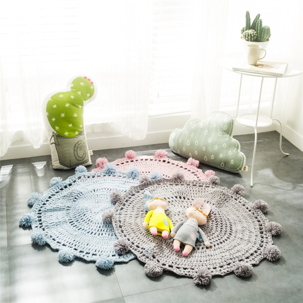 Hollow-out Pompom Kid Room Decor Rug Iceland Yarn Chunky Knit Hand Crochet Home Mat Thick Soft Diameter 80CM Picnic Pad