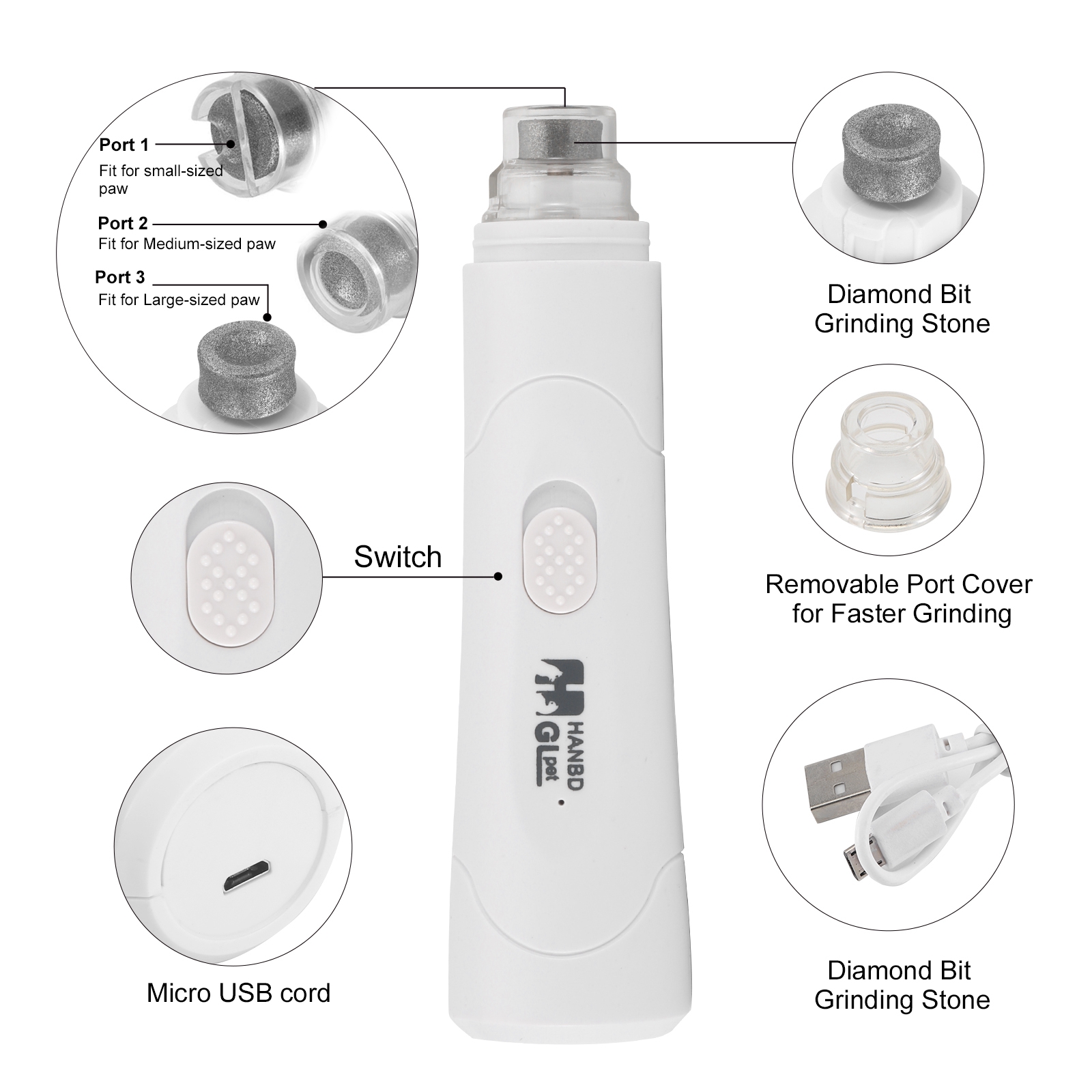 Professional electric LED pet grooming nail tools USB rechargeable nail trimming pet nail grinder