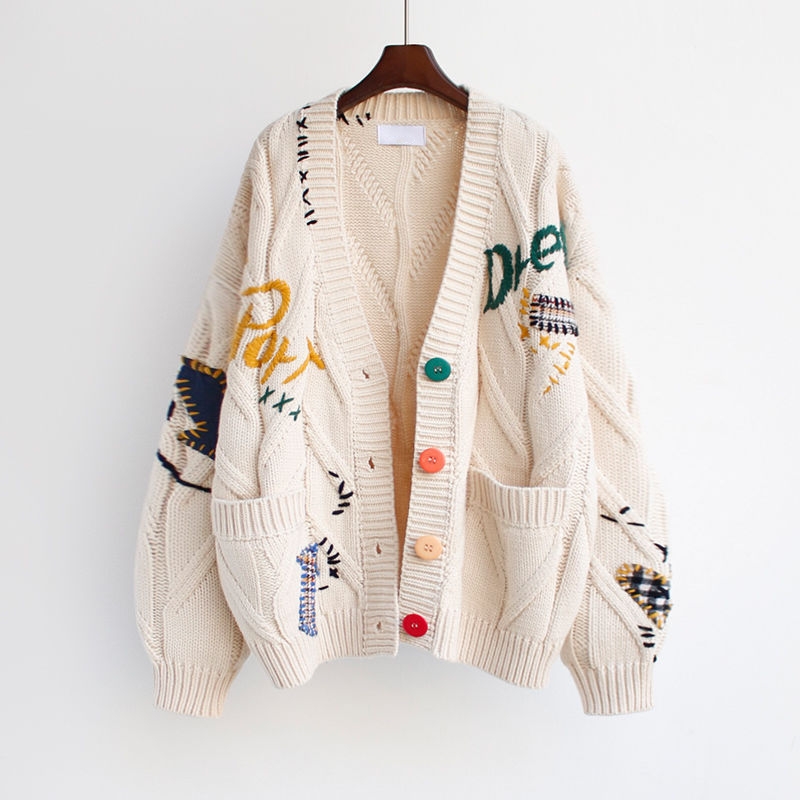 Women's warm knit Cardigan embroidered pocket jacket knit cardigan coat loose sweater spring summer winter
