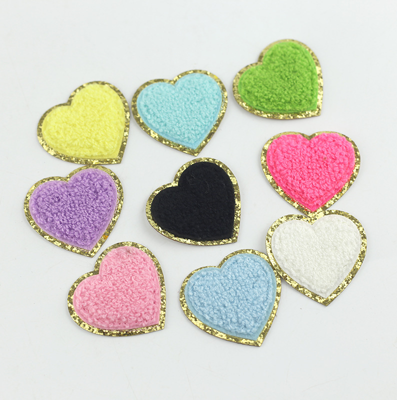 High quality Heart glitter chenille iron on clothing applique patch for kids