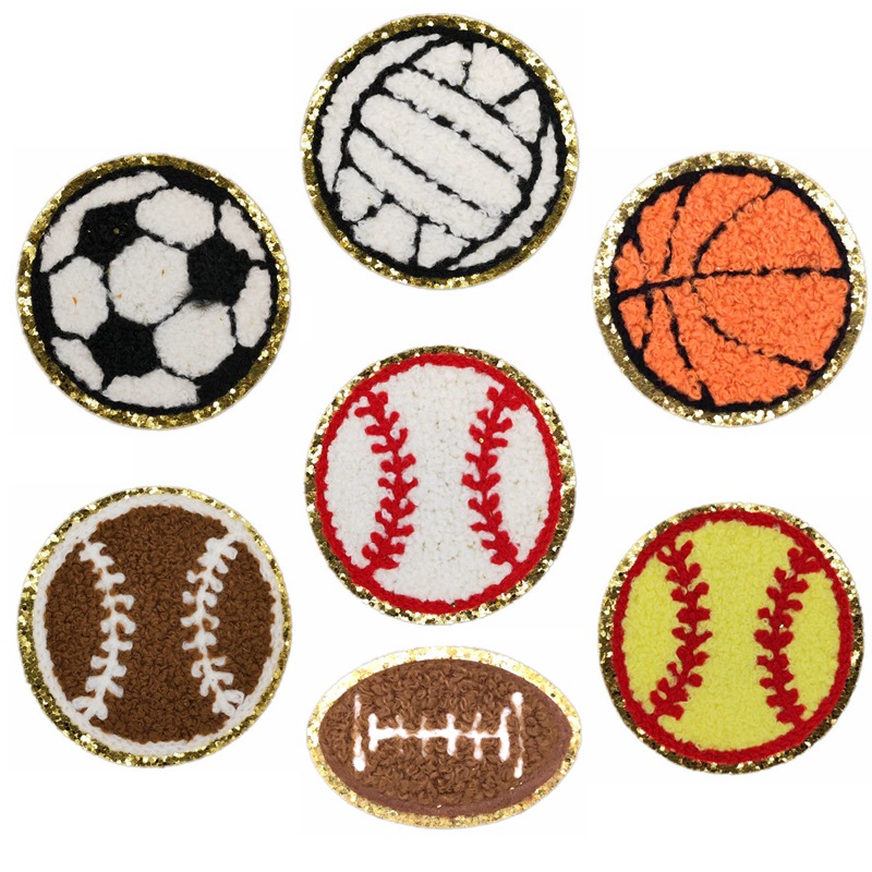 football basketball rugby baseball sequin custom embroidery iron on chenille patches for clothing