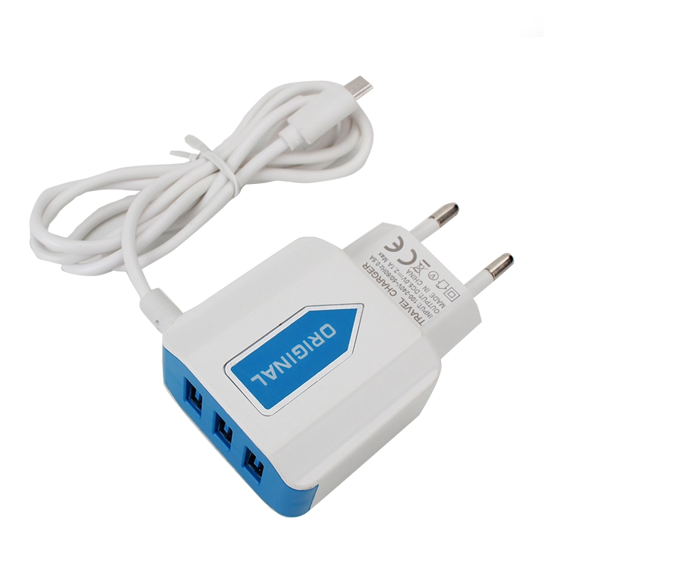 Factory wholesale 3 USB travel phone charger with V8 micro usb charge cable LED light