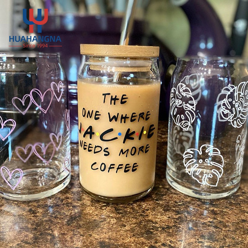 2021 Hot Selling 16oz 20oz Custom Logo Borosilicate Glass Coffee Cup Beverage Soda Glass Can with Bamboo Lid and Straw