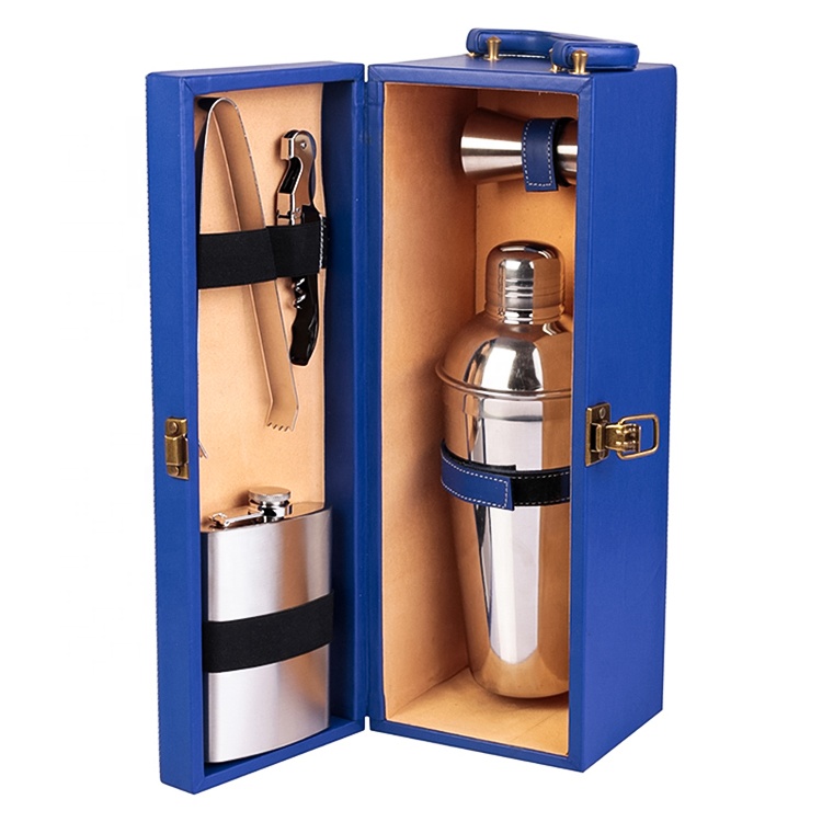 Camping Stainless Steel Bartender Tool Set Hip Flask Shaker Leather Suitcase Set Cocktail Set