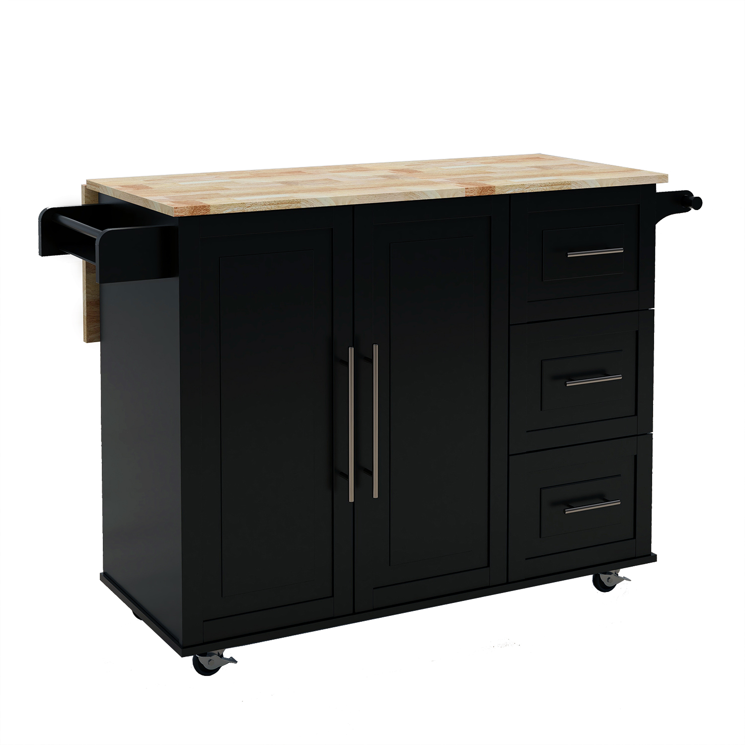 Kitchen Island With Wheels Panel Foldable Shelf, Adjustable With Three Large Drawers