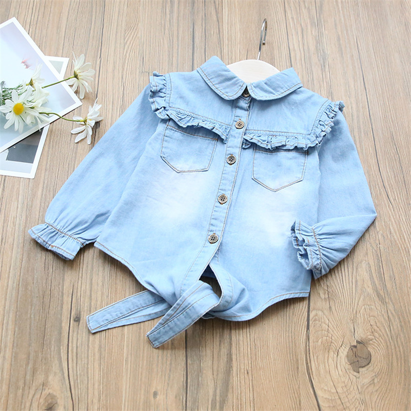 Girl's knotted bow rufffles denim shirt Jean top oddler Kids Baby Boys Girl Long Sleeve Jean Shirt