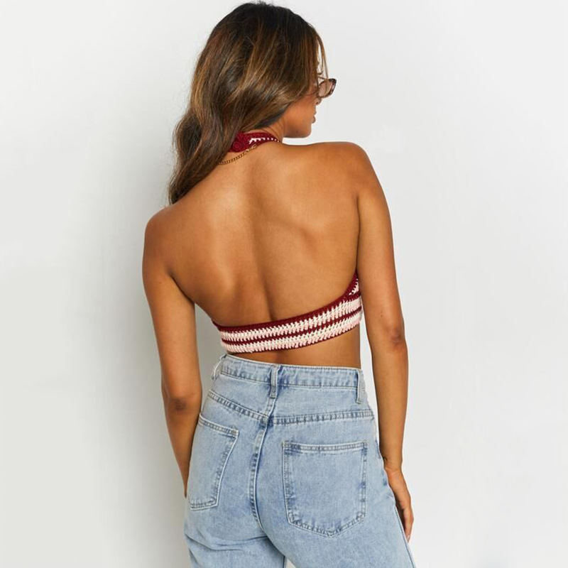 Women Sexy Halter High Cross Neck Knitted Crochet Bohemia Beachwear Bikini Front Lace Up Tank Tops Set