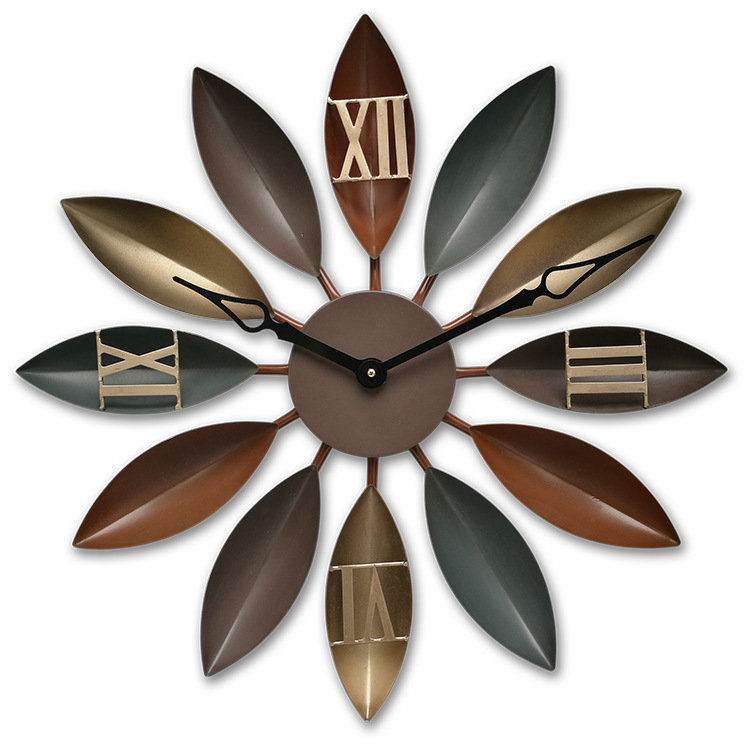 European and American retro loft industrial wind wrought iron leaf wall clock decoration clock living room creative silence