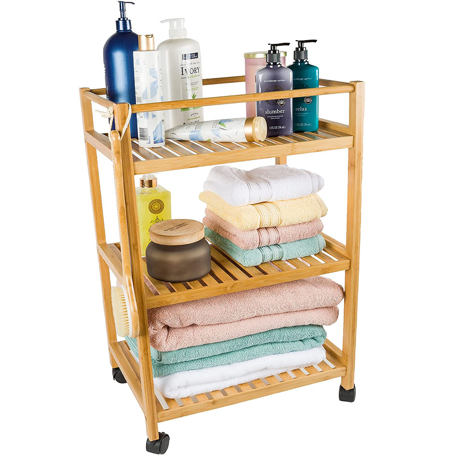 Bamboo 3-Tier Rolling Utility Cart, Bamboo Kitchen Cart, Bamboo Bathroom Trolley with Wheels