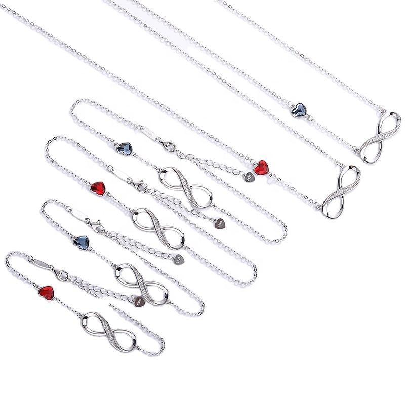 Fashion red crystal jewelry 925 Sterling Silver unlimited bracelet necklace Anklet sterling silver jewelry set for women