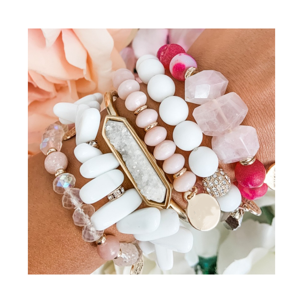 Fuchsia White Ware & Rose Quartz Stacking Bracelet Set Fashion Pink Opal Women Jewelry Best Gift For Her
