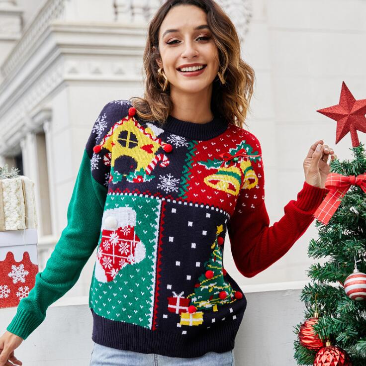 New Santa Print Warm Knitted Sweaters Pullover Christmas Tree Sweater Women Jumper Tops Autumn Winter Clothing C13893