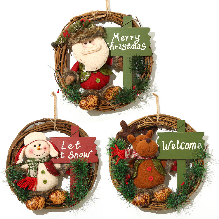 Christmas Wreath Santa Claus Snowman Deer Dolls Decorate Wreaths Rattan Rings Christmas Decoration