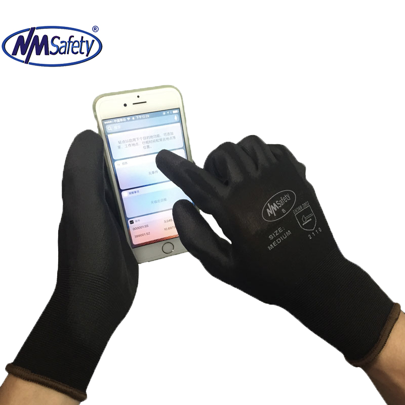 Перчатки NMSAFETY из ПУ, сенсорные перчатки с нейлоновым покрытием, черного цвета, 18 калибров, CE 2110X