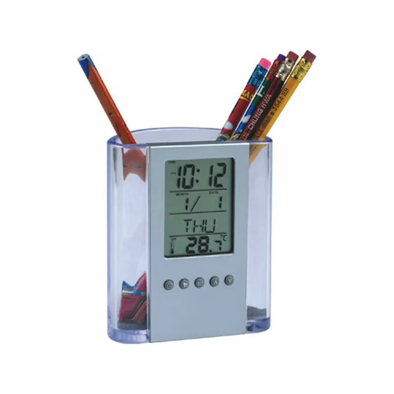 Creative advertising Desktop Transparent Pen Holder With Calendar Thermometer