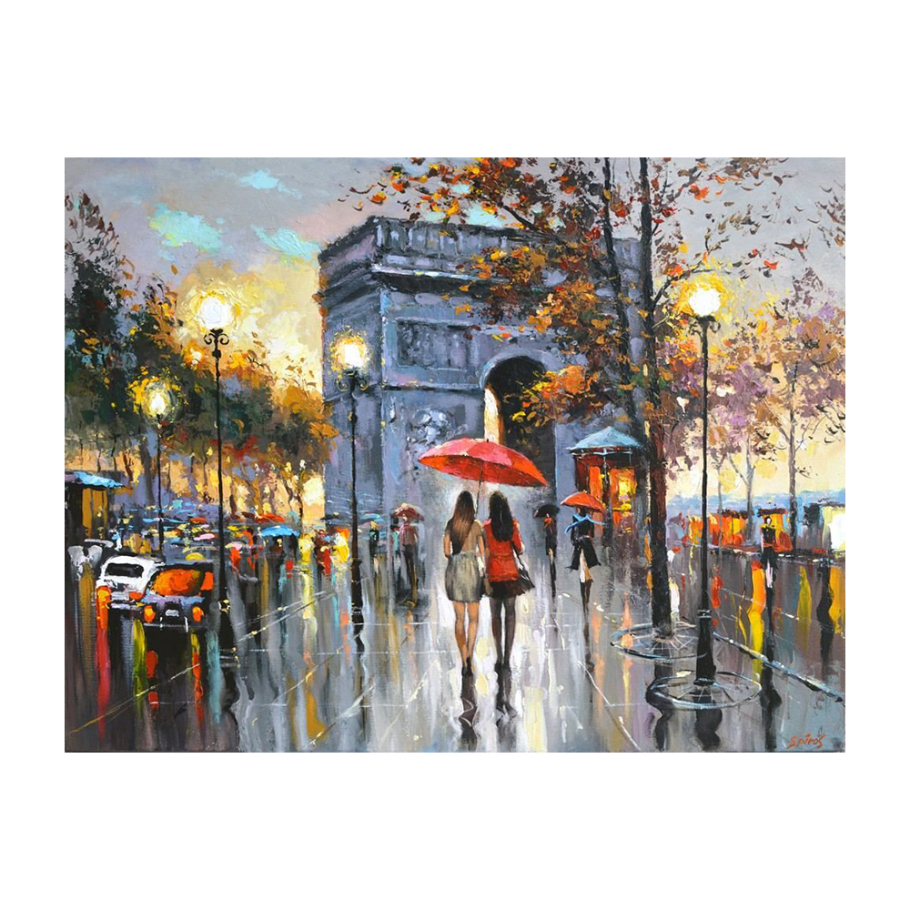 Hot-selling romantic Paris street view in the rain handpainted wall painting for home hotel bars decor