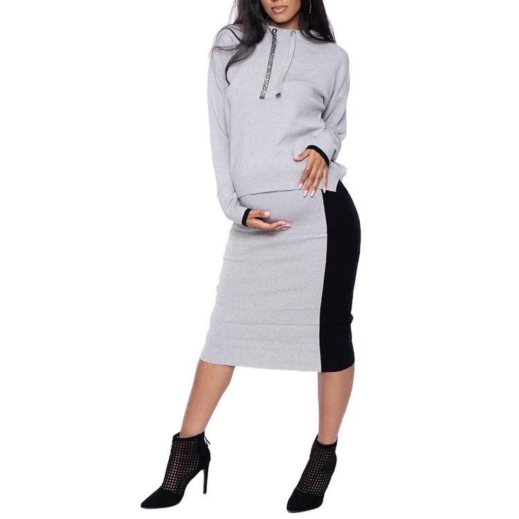 Custom maternity dresses women pregnant clothes hoodie and skirt matching two piece sets
