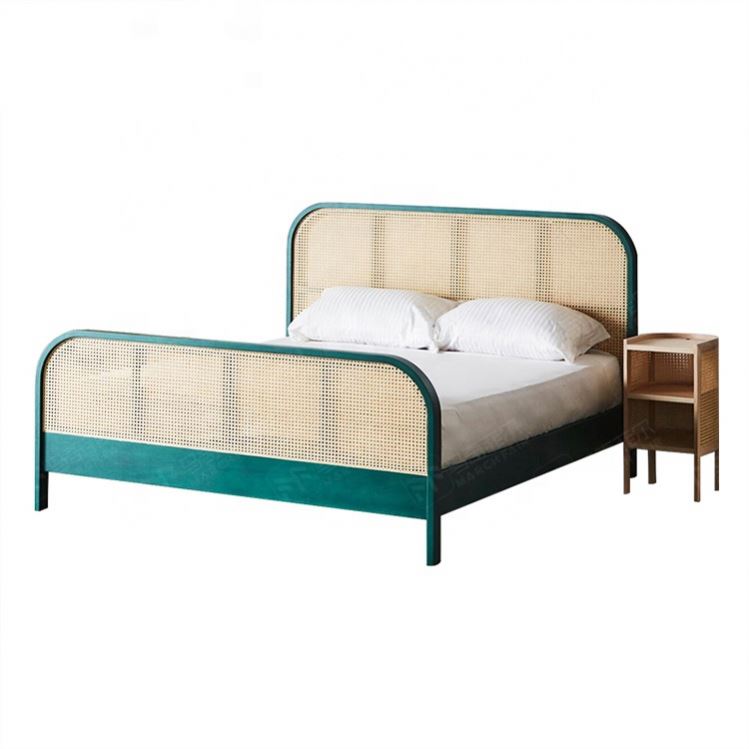 Wholesale Hotel Homestay Modern Style Bedroom Furniture Rattan Bed Head Design Wood Double Bed