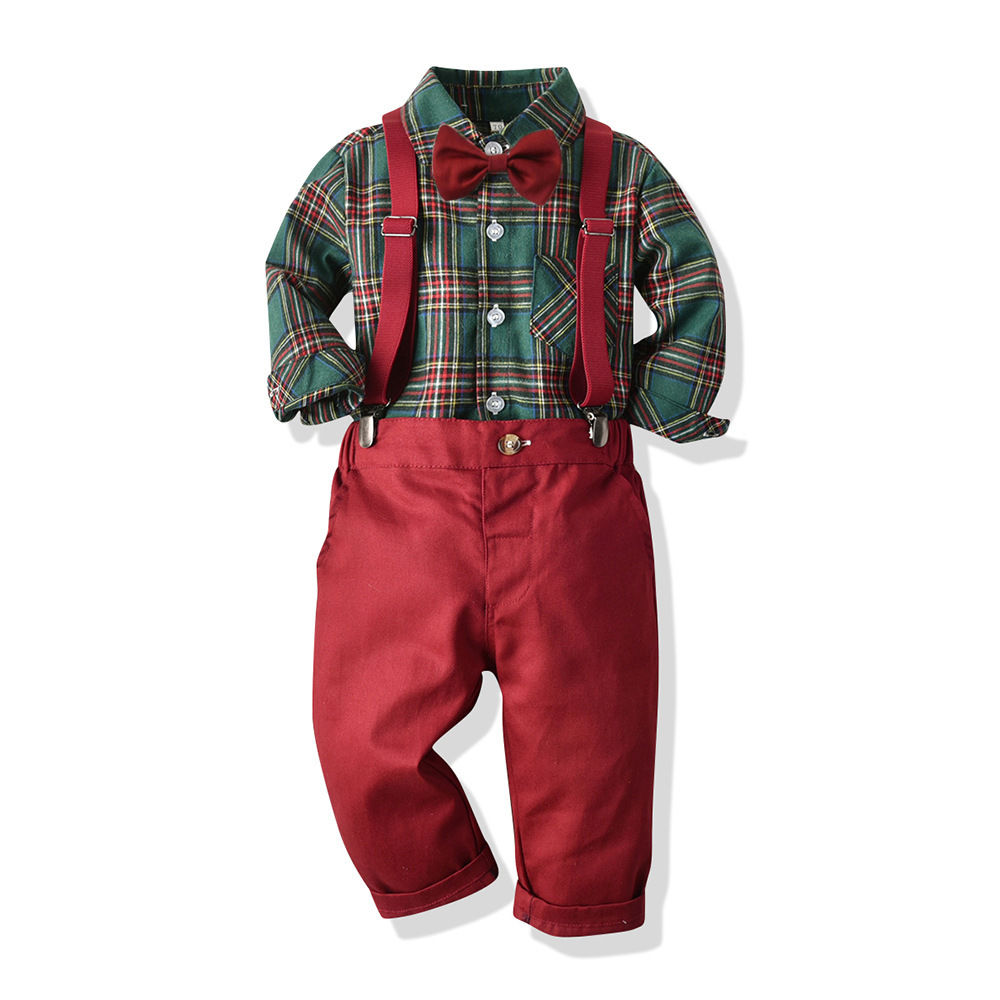 Wholesales Children's Clothing Boys Suit Set Long Sleeve Cotton Plaid Shirt Formal Suspender Trousers
