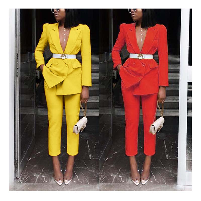 Latest Design Women Ladies Fall Soild Color Long Sleeve Blazer Coat Pant Suits Blazers Two Piece Set For Casual Office Wear