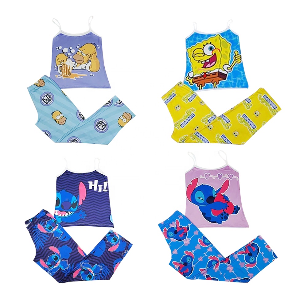 Hot Selling 2021New Arrival Women cartoon characters night wear sleepwear 2 Piece Pajamas short sleeve long Pant Set