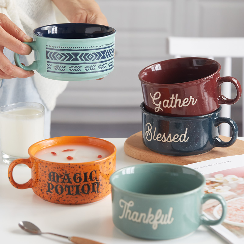Beautiful large-capacity creative ceramic cup and bowl household soup cup handle bowl soup bowl breakfast milk cup porridge oatm