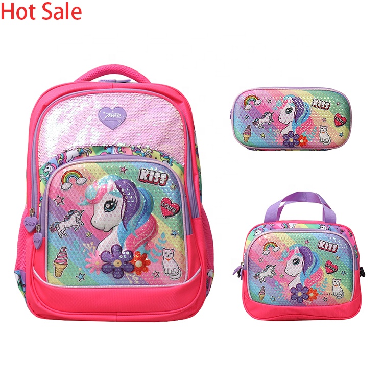 2020 Design Unicorn 3d Cartoon 3 PCS Set Student Children Kids Bagpack School Bags Backpack For Girls