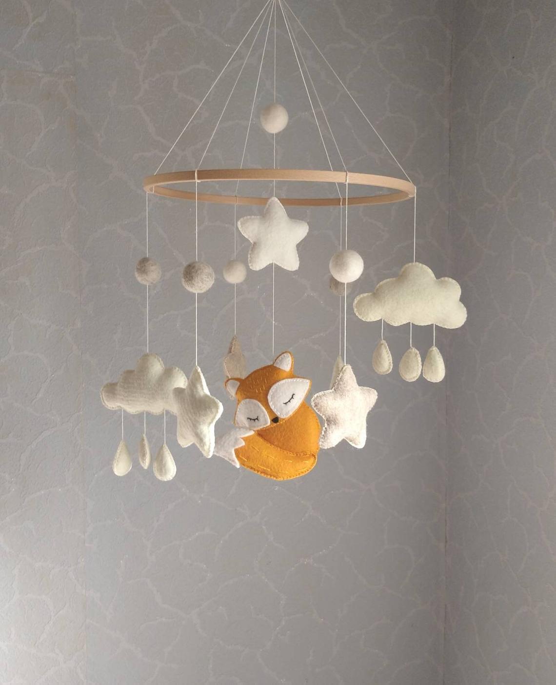 Woodland nursery australian children hanging felt decor star cloud stuffed animal bebe bed fox baby crib mobiles