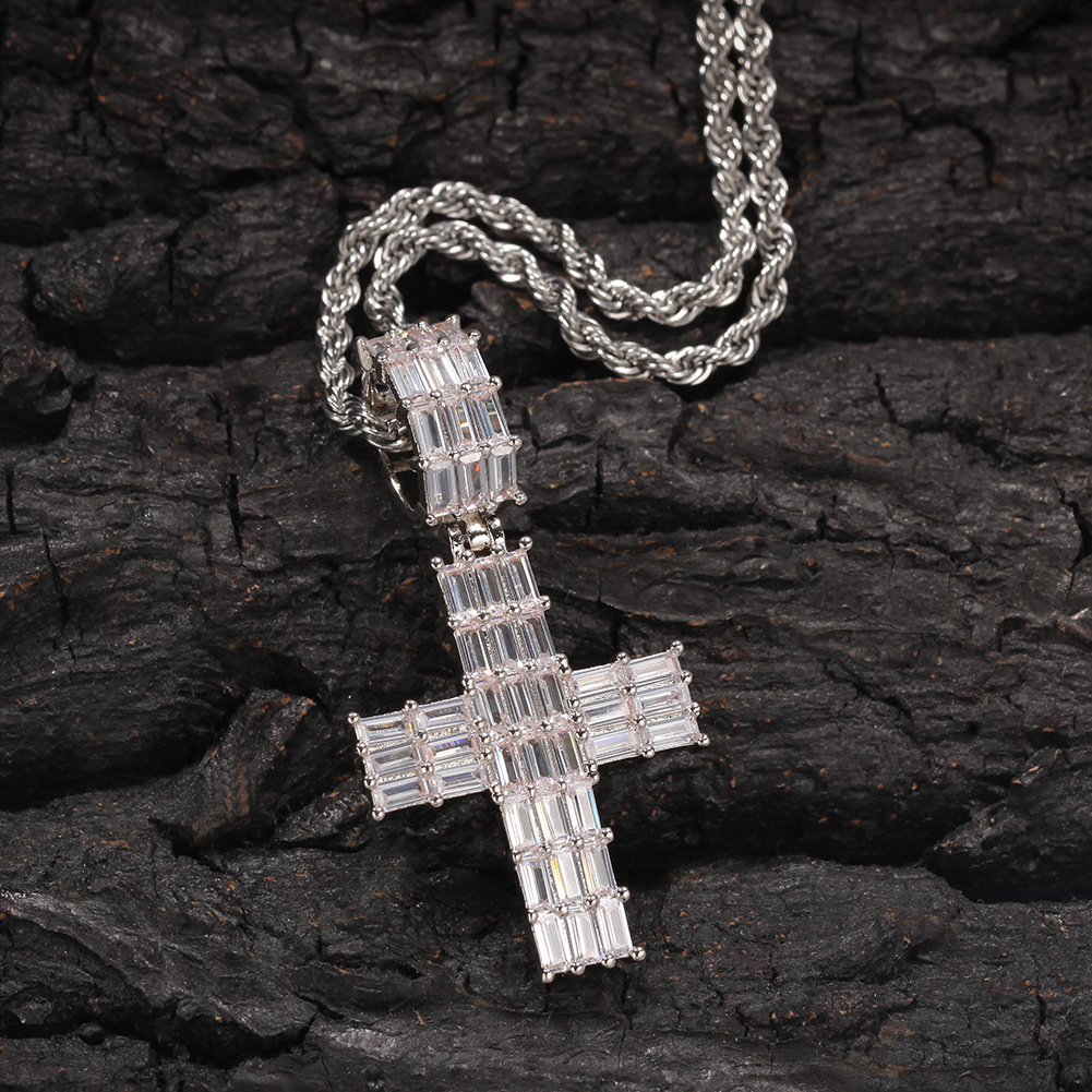 European Hips Hops Jewelry 14k Gold Plated Silver Moissanite Set Cross Pendant With Tennis Necklace