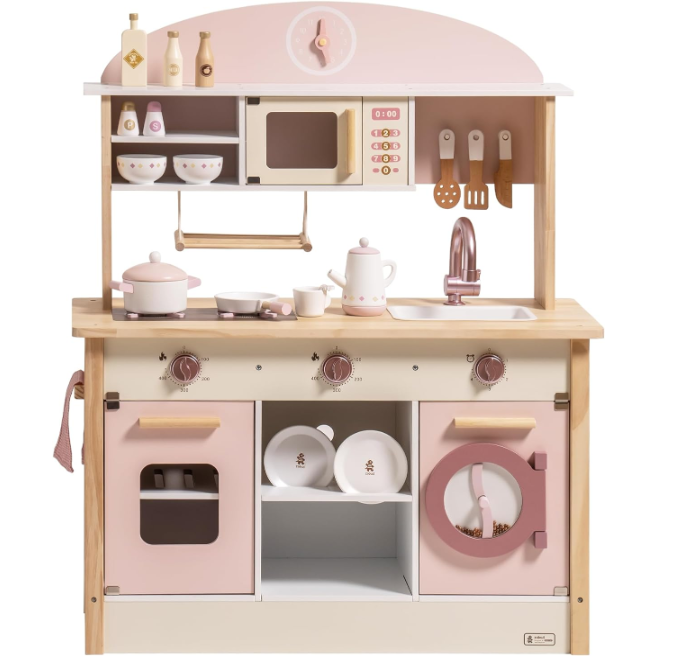 Wooden Play Kitchen for Kids Toddlers with Realistic Accessories Modern Style Toy Kitchen for Girls & Boys