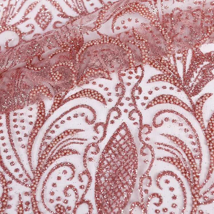 Shaoxing new designs pink sugar net colorful glitter Embroidered with beaded lace fabric for dress