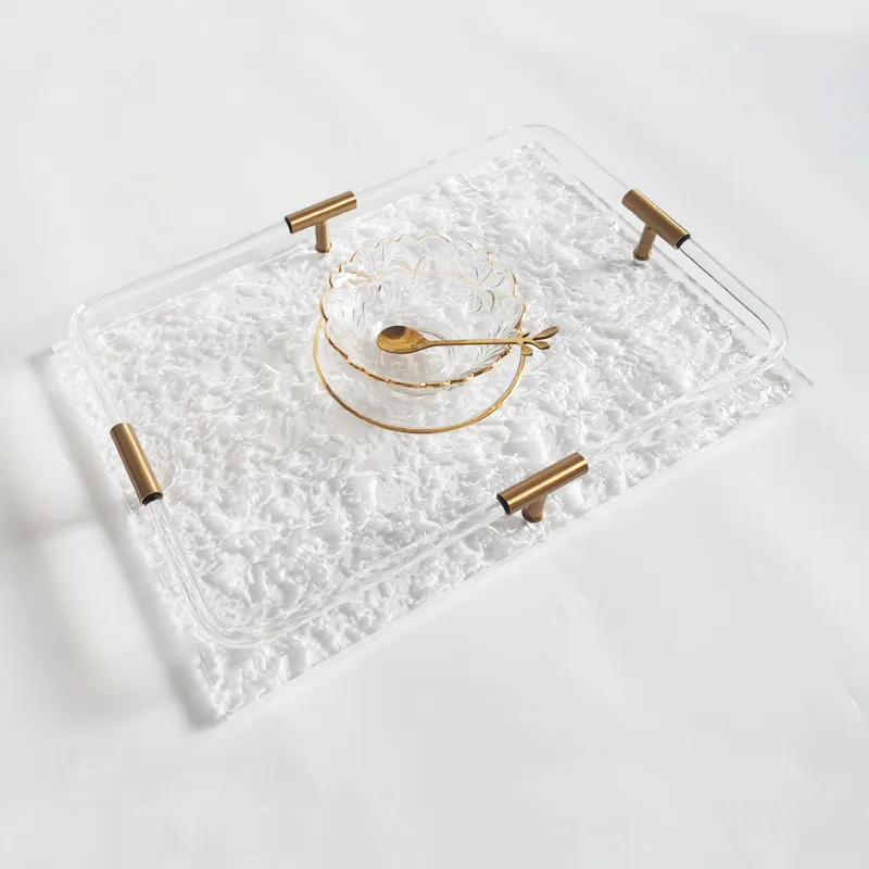custom clear marble grain acrylic serving trays luxury nordic rectangle plastic tray with gold handle