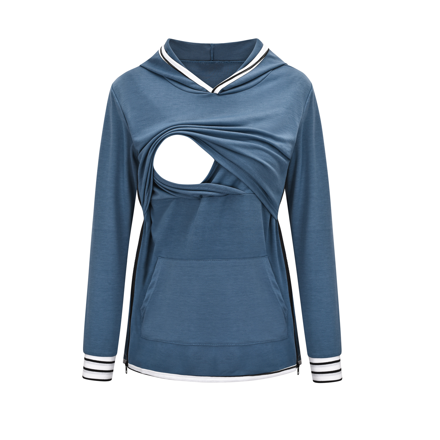 2021 European and American new solid color splicing lactation clothes loose hooded adjustable maternity casual sweater