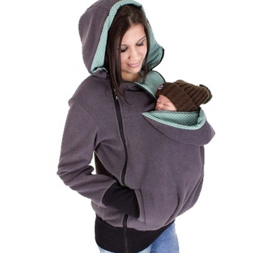Women's Fleece Zip Up Maternity Baby Wearing Carrier Hoodie Sweatshirt Nursing Kangaroo Jacket Pullover Outerwear