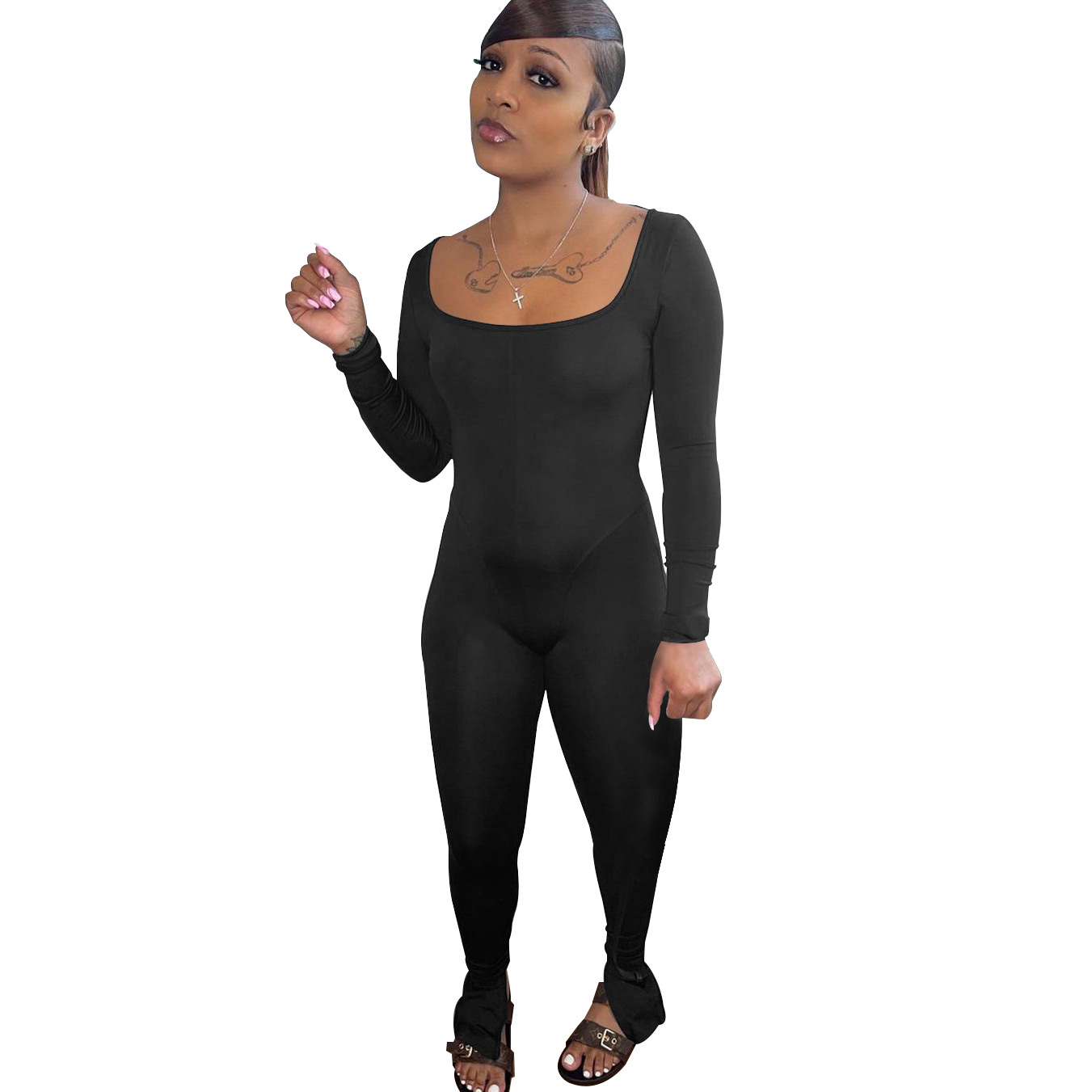 Autumn home wear solid color knit backless sexy loungewear 2021 women one piece stack pants long sleeve jumpsuit