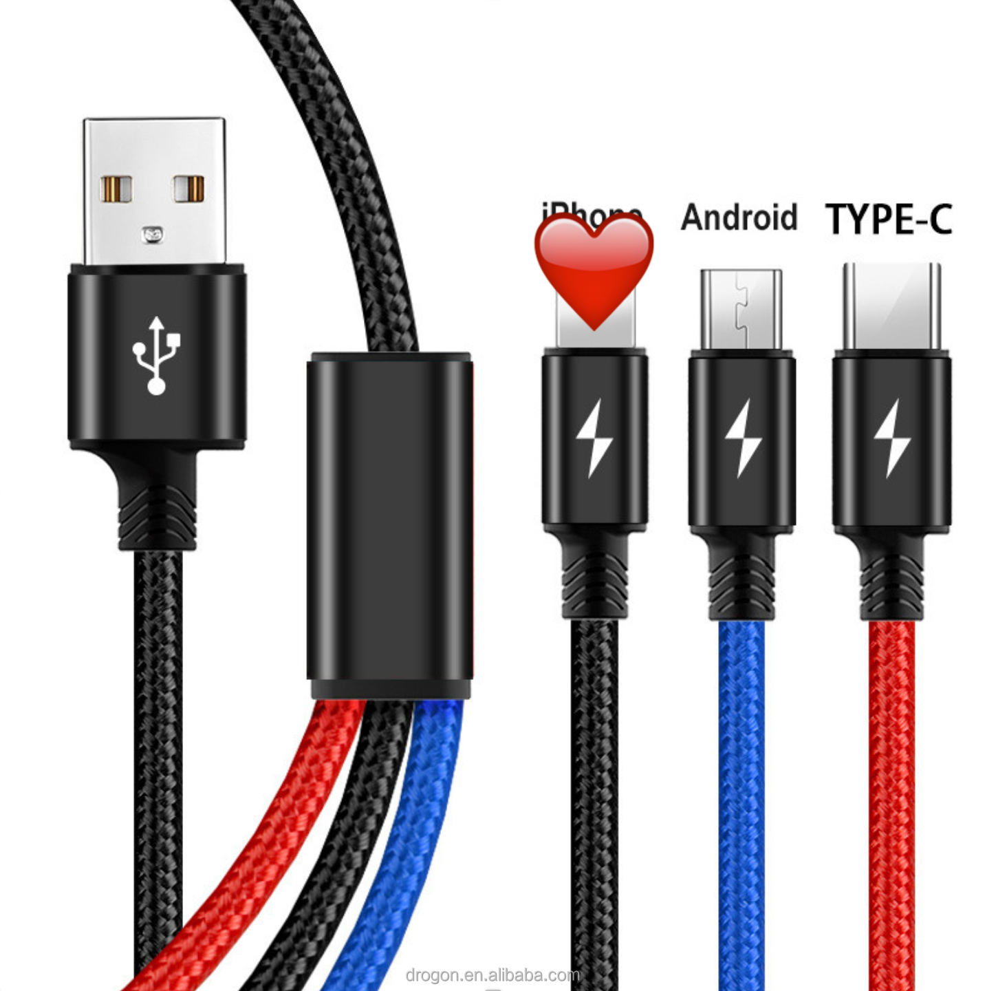 Лидер продаж, Модный USB-кабель 3 в 1 2,4 А, быстрая зарядка, прочный нейлоновый Плетеный USB-кабель для зарядки