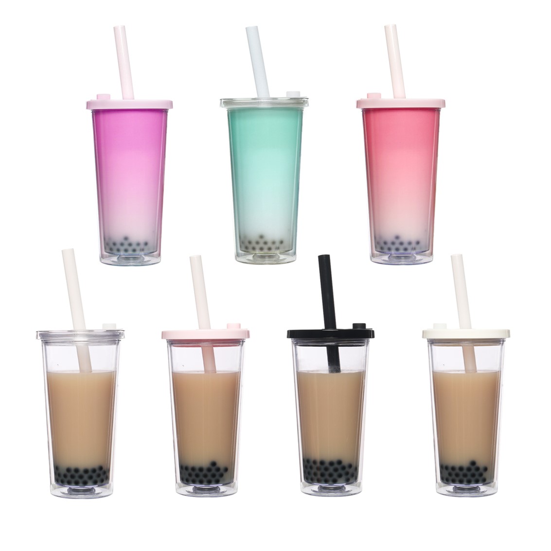 Изолированная многоразовая акриловая чашка Boba объемом 20 унций с двойными стенками, прозрачный пластиковый тумблер для чая, чашка с соломинкой