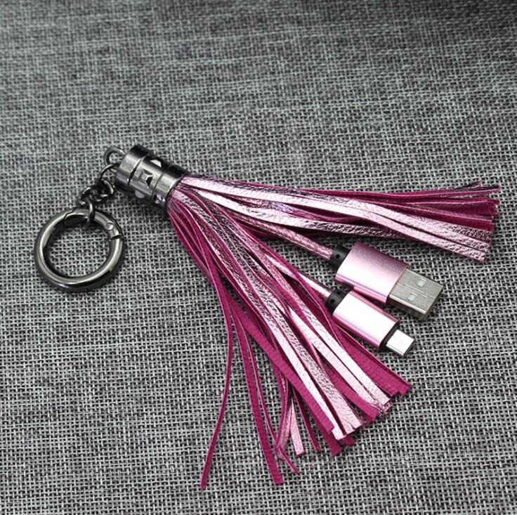 USB-кабель для передачи данных с металлической оплеткой из искусственной кожи с кисточкой Micro V8 I8 Type C