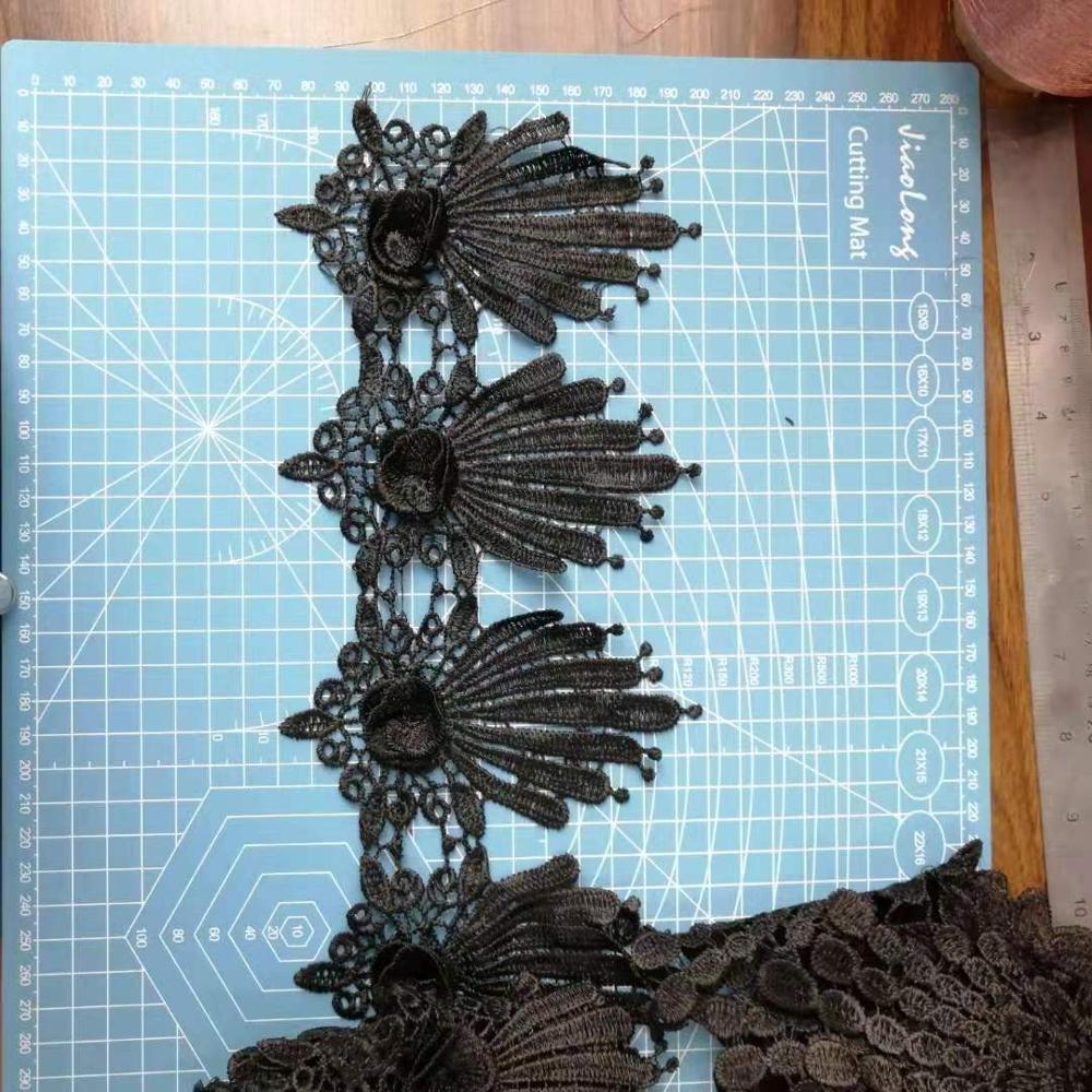 Черная вышивка, кружевная отделка, 3d Цветочная гипюровая кружевная отделка для ткани ручной работы