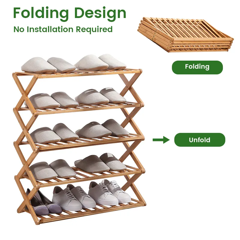 5-Tier Bamboo Wooden Shoe Rack,Bamboo Folding Shoe Rack, Entryway Shoe Shelf Storage Organizer