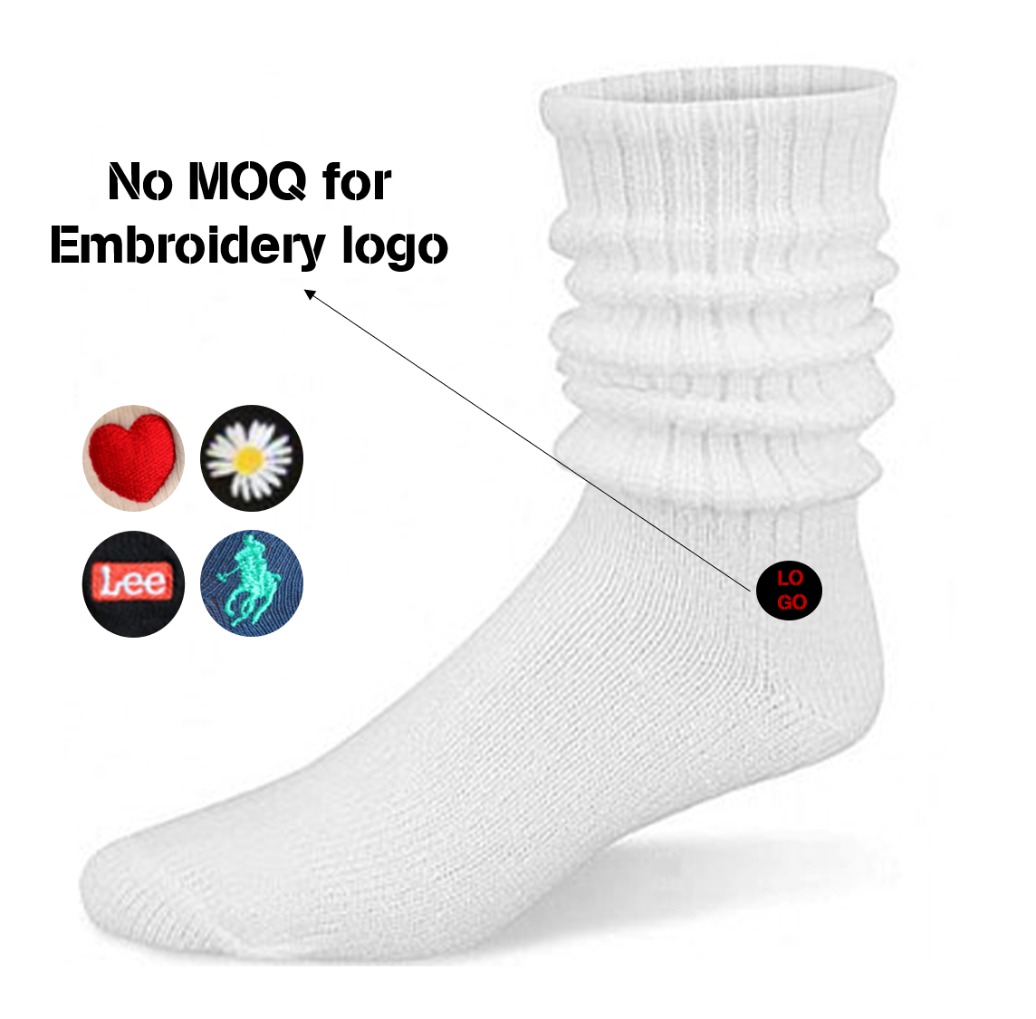 Amazon hot sell custom embroidery logo designer plain color fashion slouch socks for women