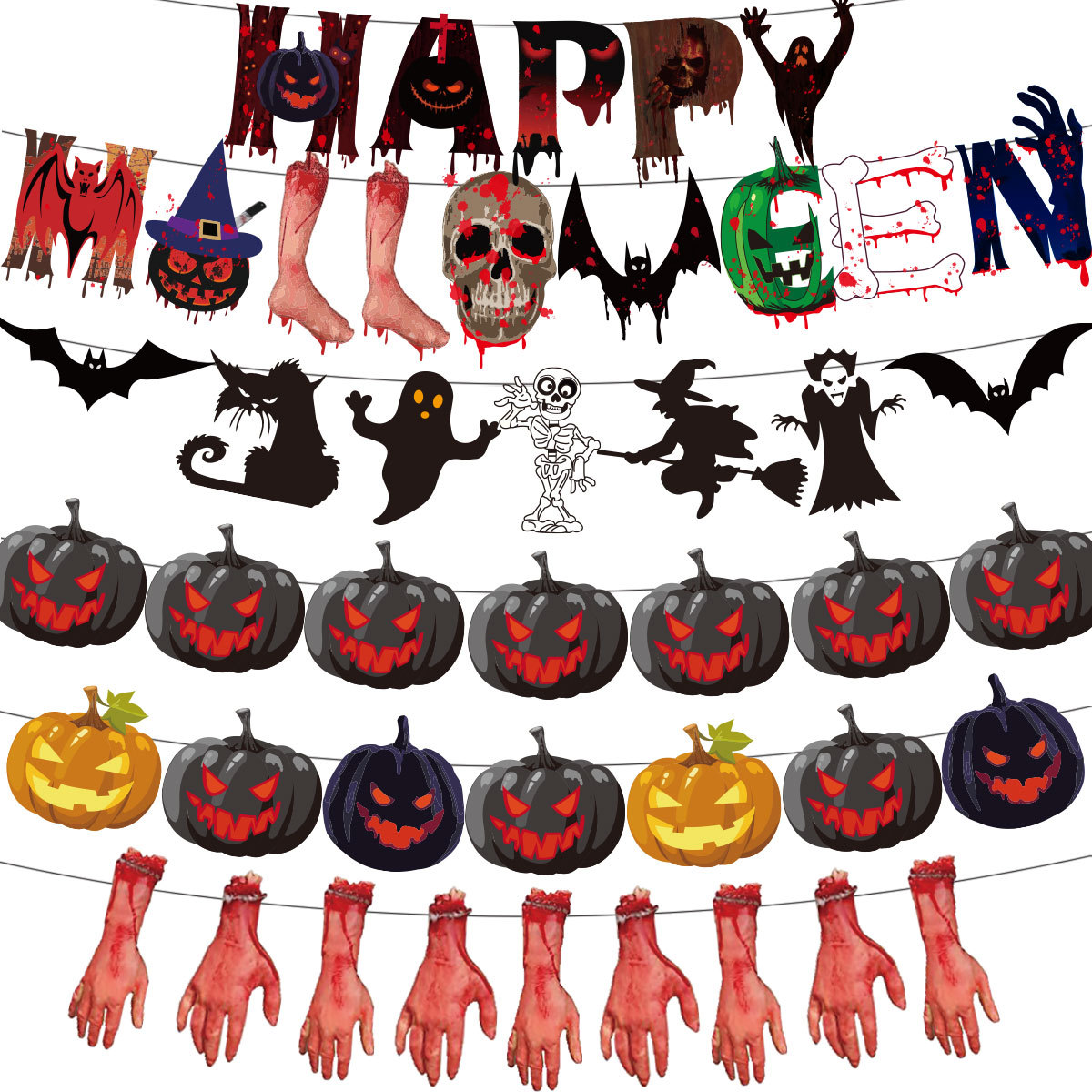Happy Halloween Banner Garland Pumpkin Bat Ghost Blood Hand Scary Halloween Decoration Home Decor Party Supplies Accessories